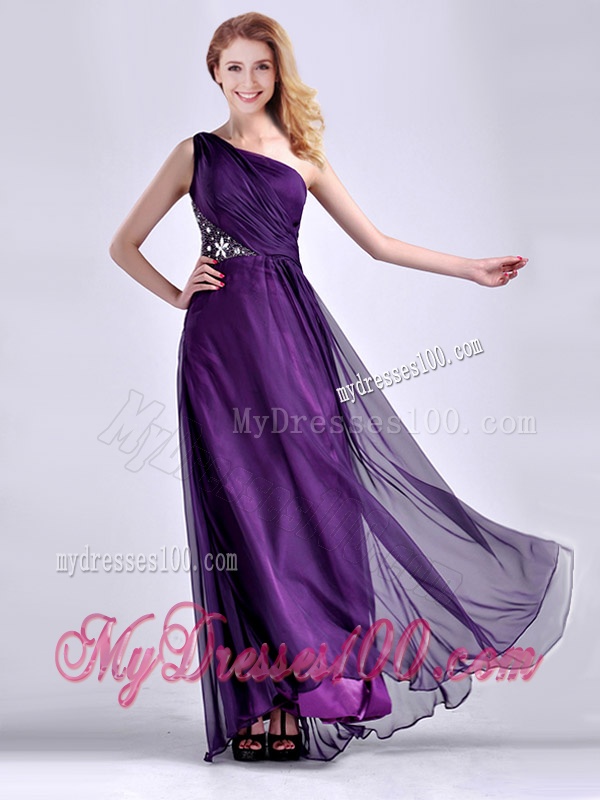 Elegant One Shoulder Criss Cross Purple Evening Dress with Beading