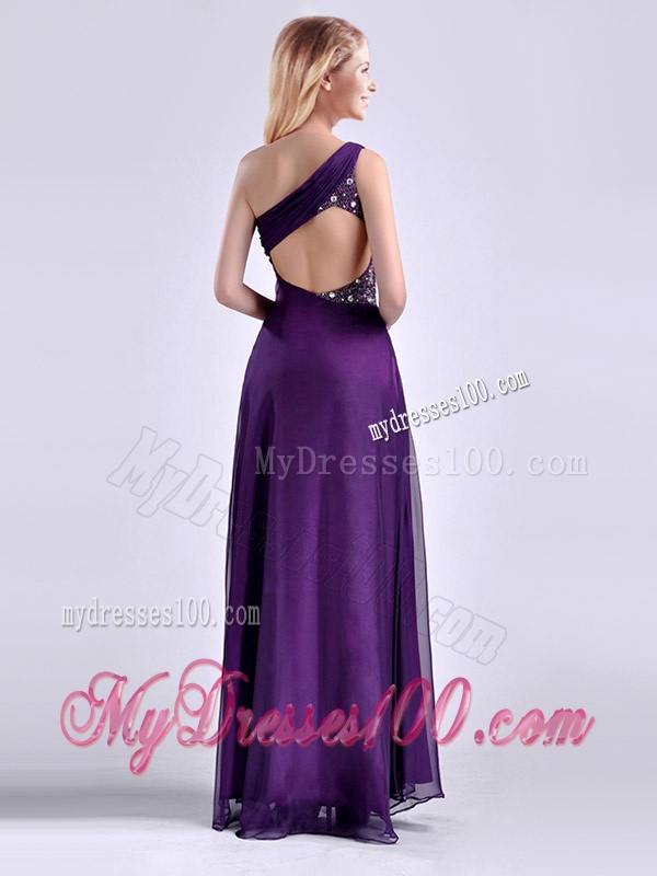 Elegant One Shoulder Criss Cross Purple Evening Dress with Beading