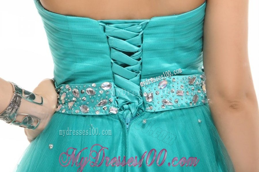 Elegant Turquoise Beading A-line Halter Lace Up Tulle Evening Dress