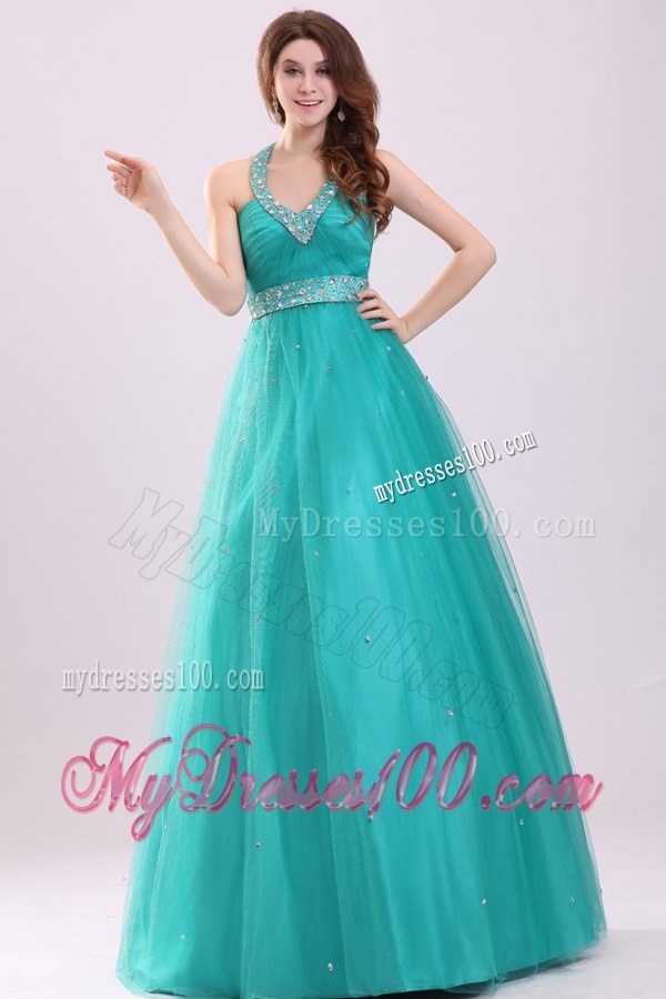 Elegant Turquoise Beading A-line Halter Lace Up Tulle Evening Dress