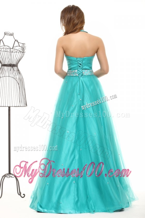 Elegant Turquoise Beading A-line Halter Lace Up Tulle Evening Dress