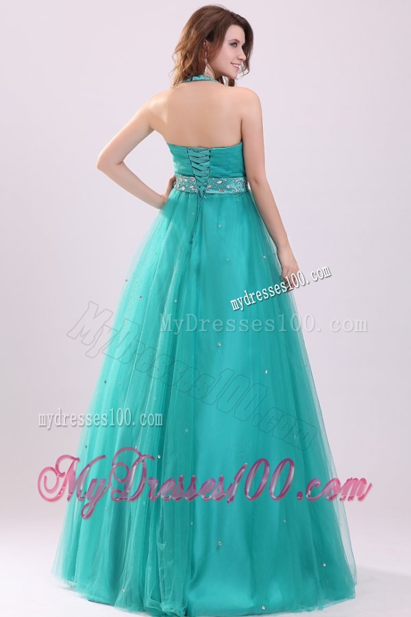Elegant Turquoise Beading A-line Halter Lace Up Tulle Evening Dress