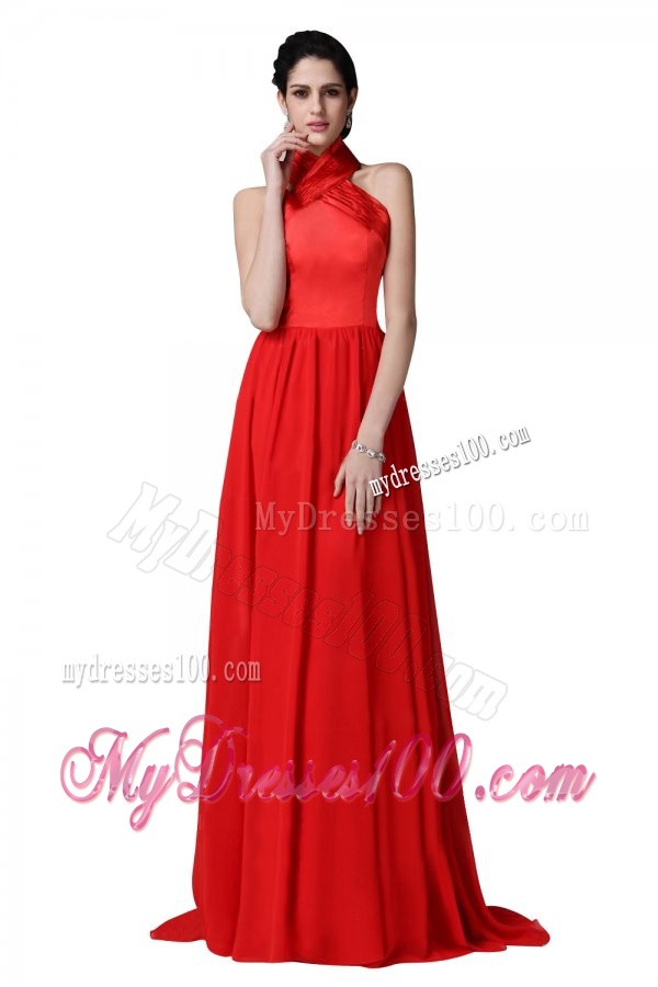 Empire Halter Top Ruching Red Chiffon Evening Dress
