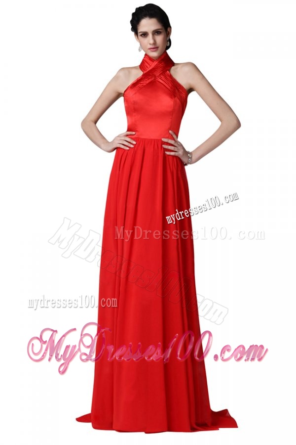 Empire Halter Top Ruching Red Chiffon Evening Dress