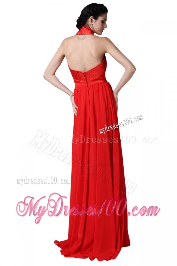 Empire Halter Top Ruching Red Chiffon Evening Dress