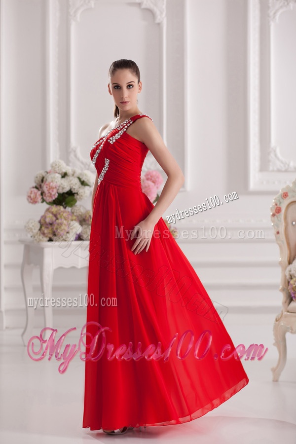 Empire One Shoulder Floor-length Beading Red Evening Dress