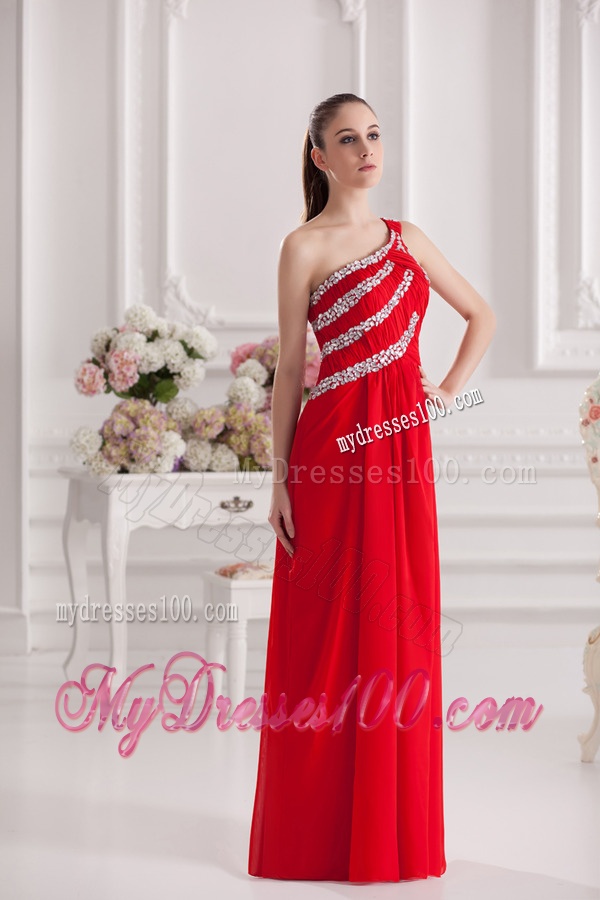 Empire One Shoulder Floor-length Beading Red Evening Dress