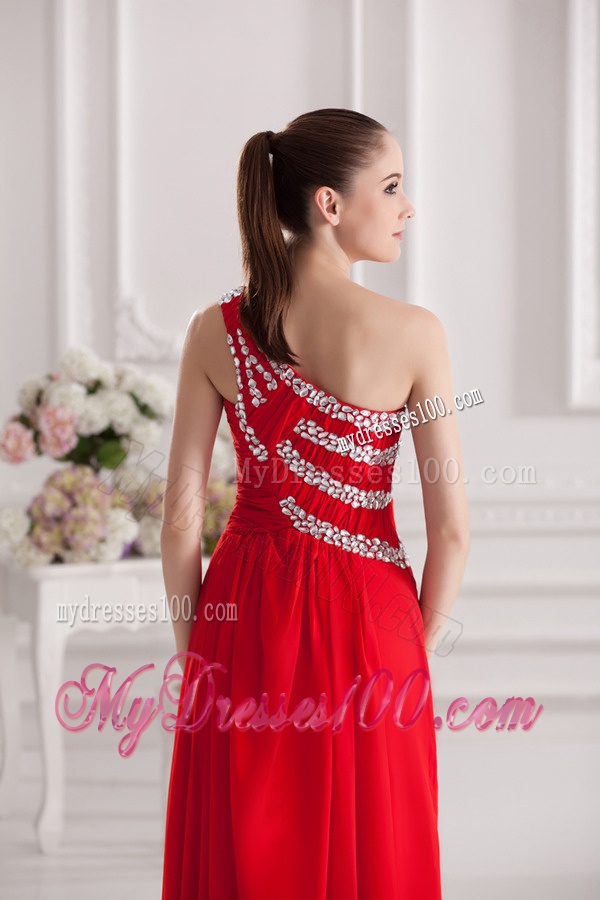 Empire One Shoulder Floor-length Beading Red Evening Dress
