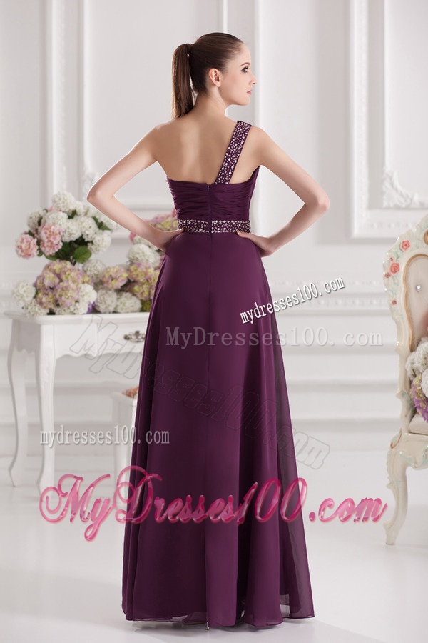 Empire One Shoulder Floor-length Beading Ruching Purple Evening Dress