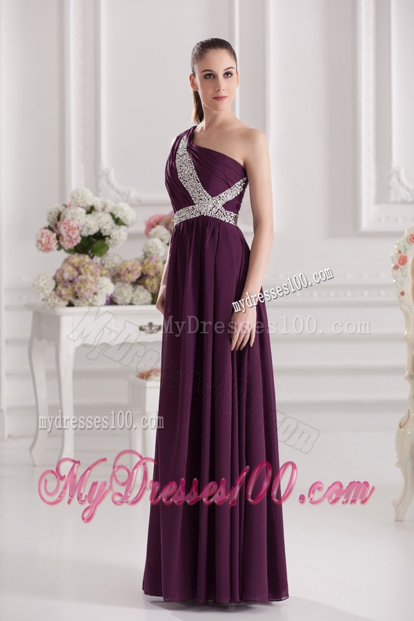 Empire One Shoulder Floor-length Beading Ruching Purple Evening Dress