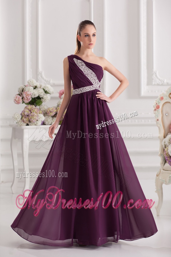 Empire One Shoulder Floor-length Beading Ruching Purple Evening Dress