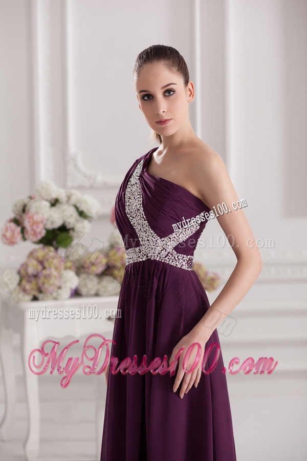 Empire One Shoulder Floor-length Beading Ruching Purple Evening Dress