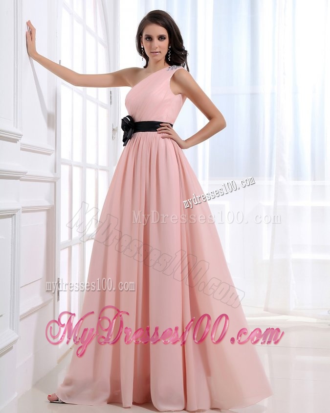 Empire One Shoulder Floor-length Pink Ruching Evening Dress with Side Zipper