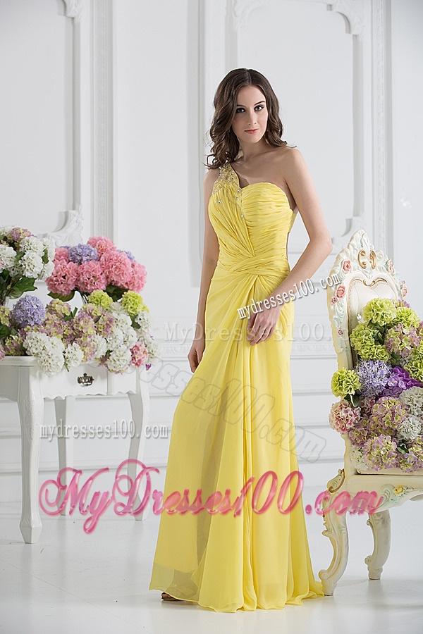 Empire One Shoulder Yellow Chiffon with Beading and Ruching Evening Dress