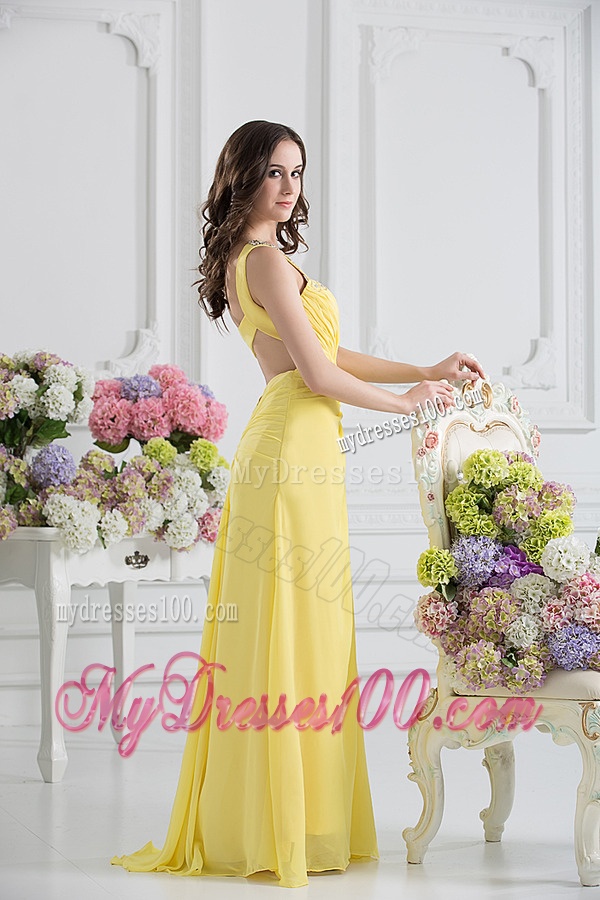 Empire One Shoulder Yellow Chiffon with Beading and Ruching Evening Dress