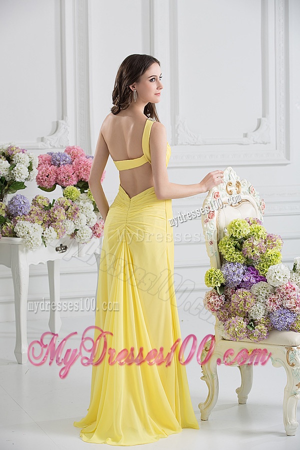 Empire One Shoulder Yellow Chiffon with Beading and Ruching Evening Dress