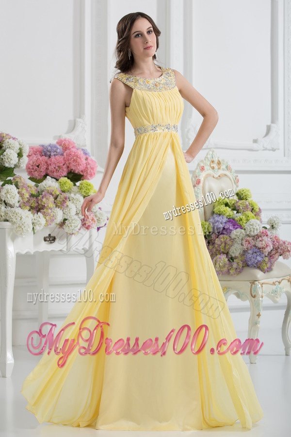 Empire Scoop Beading Ruching Light Yellow Evening Dress
