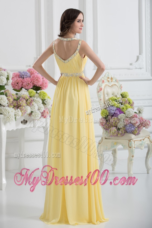Empire Scoop Beading Ruching Light Yellow Evening Dress