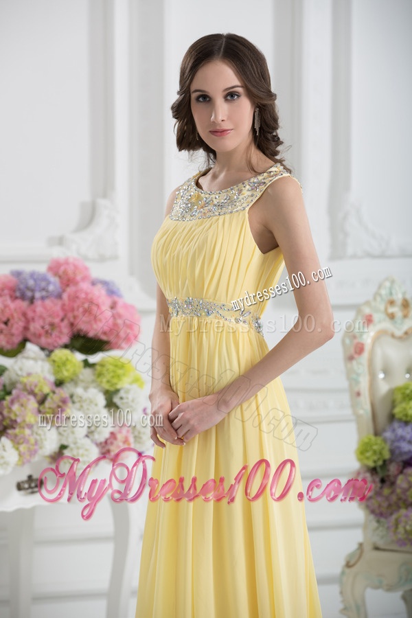 Empire Scoop Beading Ruching Light Yellow Evening Dress