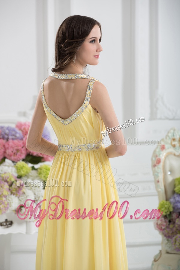 Empire Scoop Beading Ruching Light Yellow Evening Dress