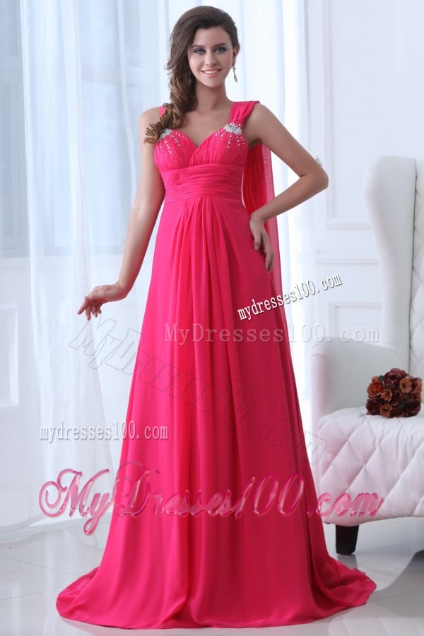 Empire Straps Hot Pink Beading and Ruching Chiffon Evening Dress