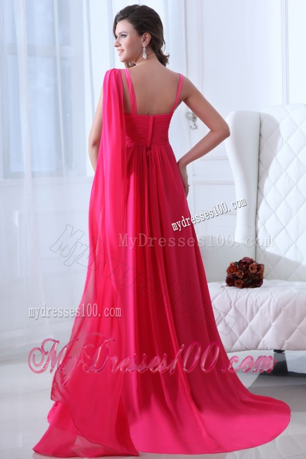 Empire Straps Hot Pink Beading and Ruching Chiffon Evening Dress