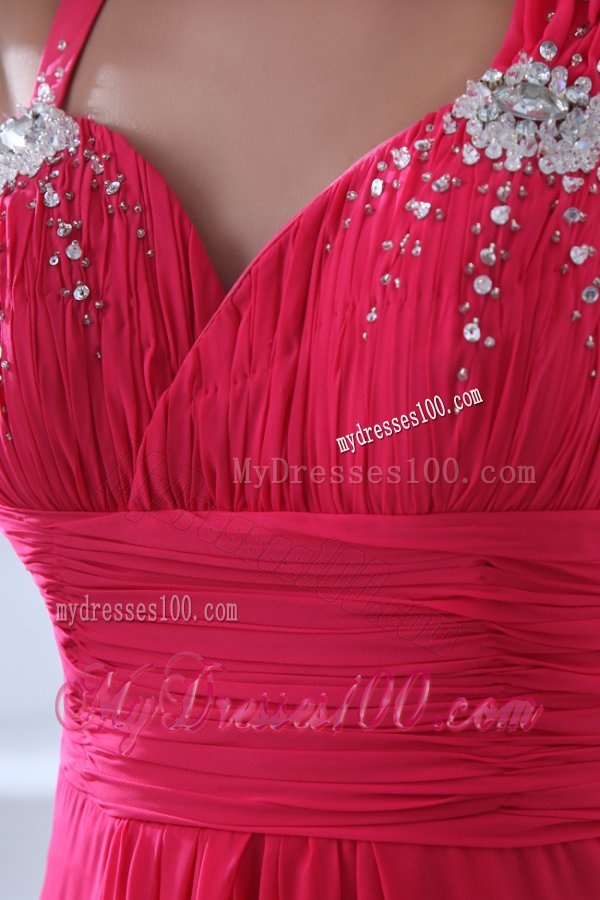Empire Straps Hot Pink Beading and Ruching Chiffon Evening Dress