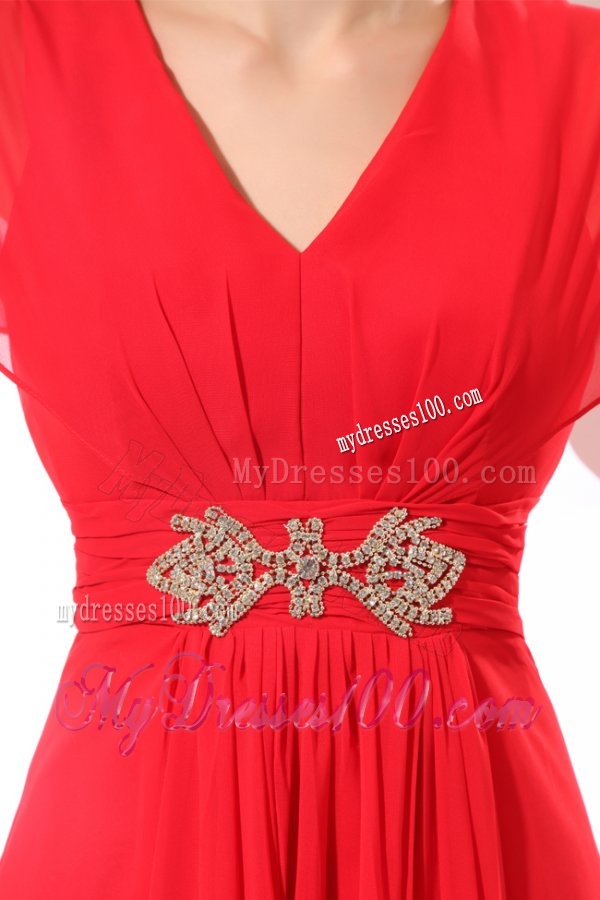 Empire V-neck Floor-length Chiffon Beading Short Sleeves Red Evening Dress