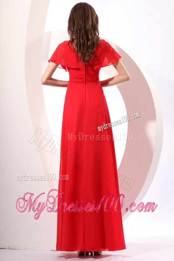 Empire V-neck Floor-length Chiffon Beading Short Sleeves Red Evening Dress