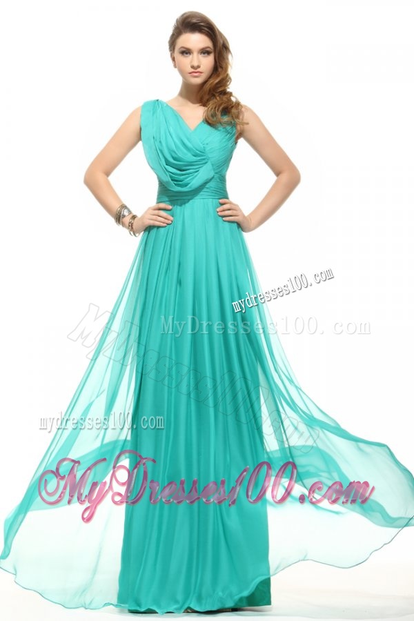 Empire V-neck Turquoise Chiffon Ruching 2016 Evening Dress