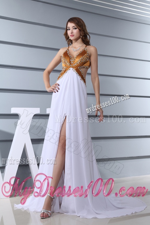 Empire White V-neck Beading Chiffon High Slit Brush Train Evening Dress