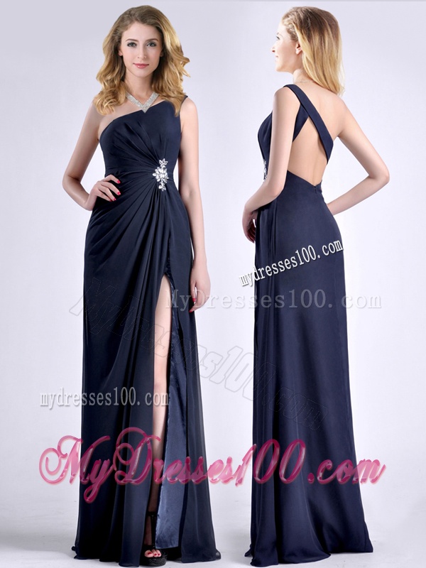 Exquisite One Shoulder Navy Blue Evening Dress with Beading and High Slit