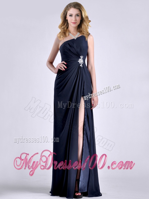 Exquisite One Shoulder Navy Blue Evening Dress with Beading and High Slit