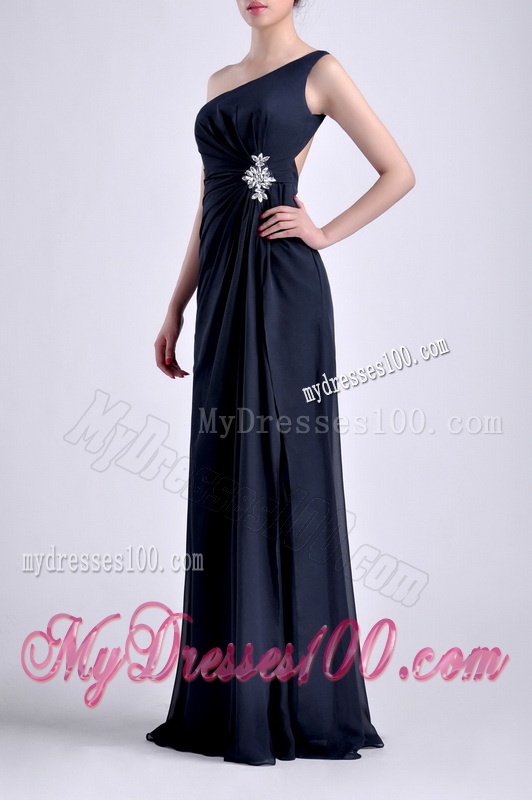 Exquisite One Shoulder Navy Blue Evening Dress with Beading and High Slit