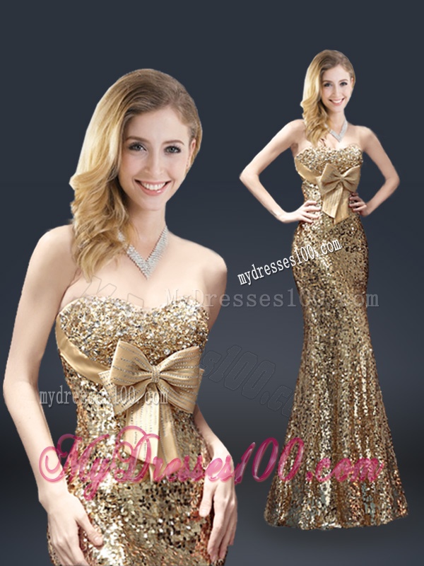 Fall Column Sequins Evening Dresses with Bowknot in Gold