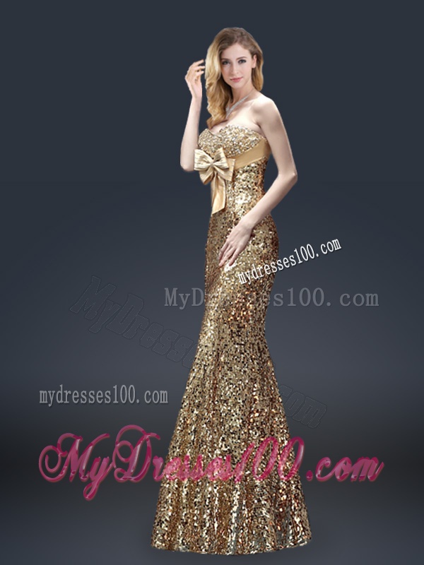 Fall Column Sequins Evening Dresses with Bowknot in Gold