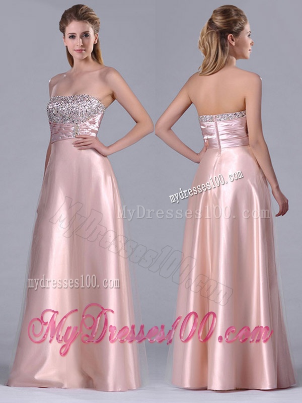 Fashionable Strapless Peach Long Evening Dress with Beaded Bodice