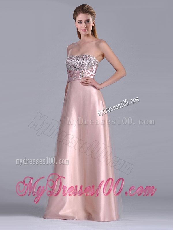 Fashionable Strapless Peach Long Evening Dress with Beaded Bodice