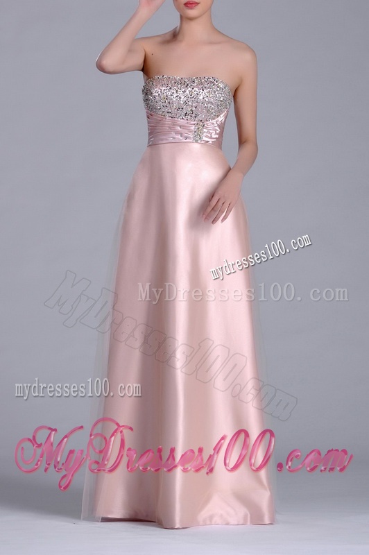 Fashionable Strapless Peach Long Evening Dress with Beaded Bodice