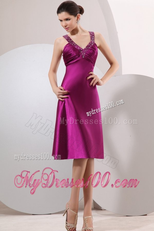 Fuchsia Beading Straps Short Evening Dress with Ruching