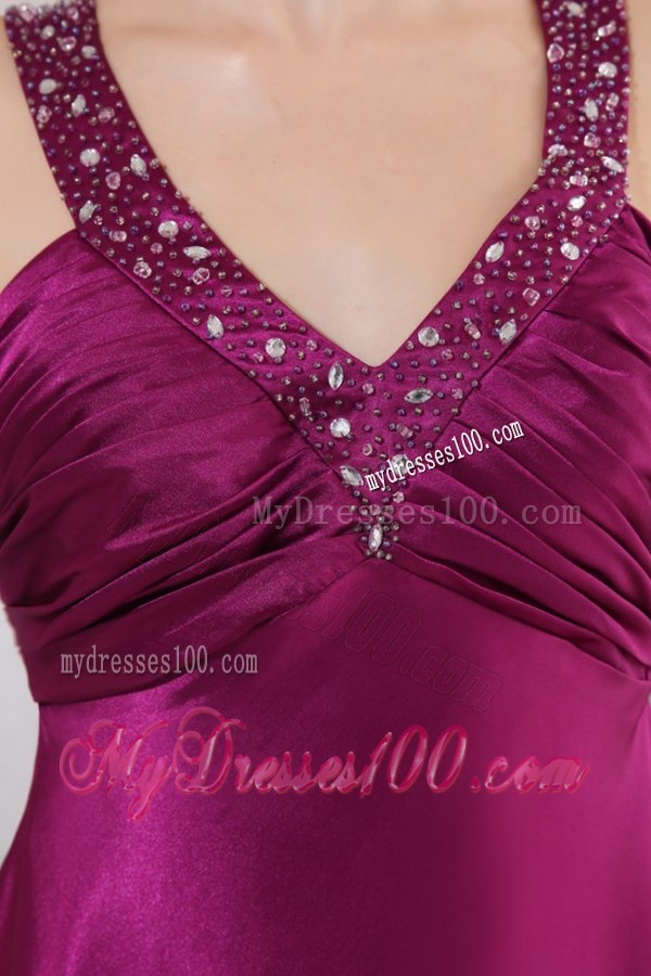 Fuchsia Beading Straps Short Evening Dress with Ruching