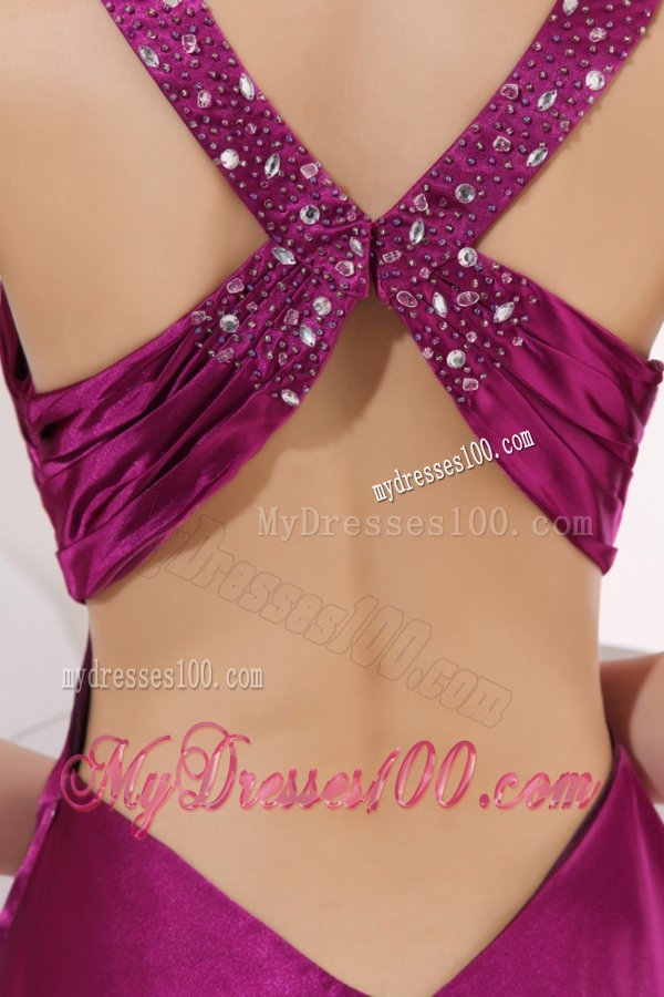Fuchsia Beading Straps Short Evening Dress with Ruching