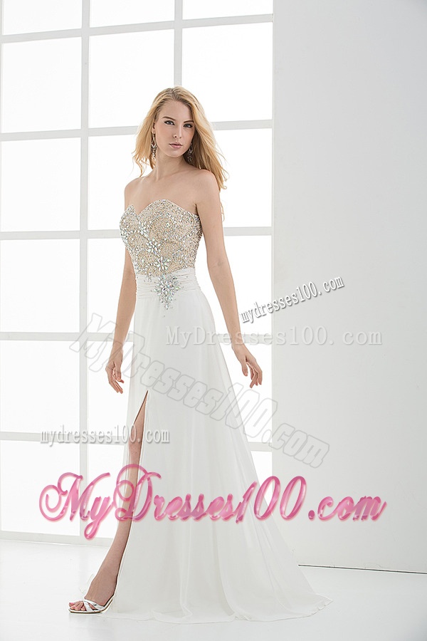 High Slit Sweetheart Beading and Ruching Floor-length Evening Dress