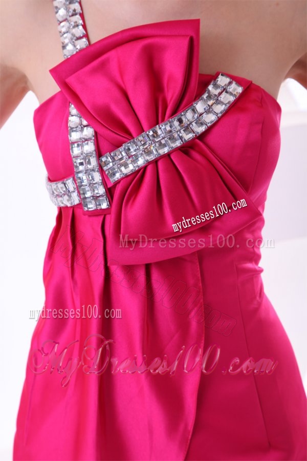 Hot Pink Empire One Shoulder Taffeta Mini-length Evening Dress with Beading