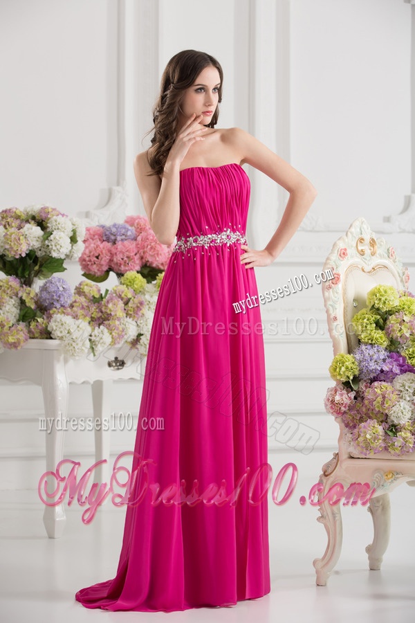 Hot Pink Empire Strapless Ruching Beading Brush Train Evening Dress