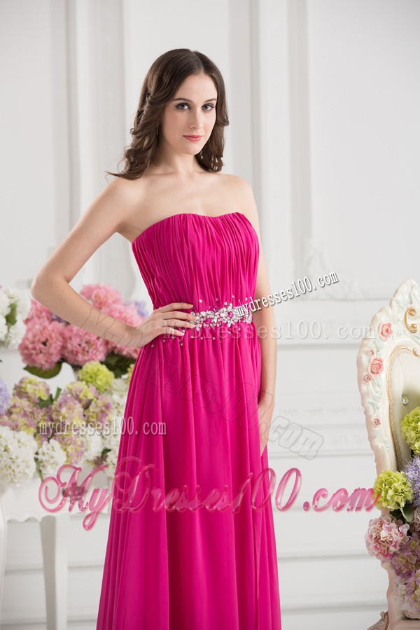 Hot Pink Empire Strapless Ruching Beading Brush Train Evening Dress