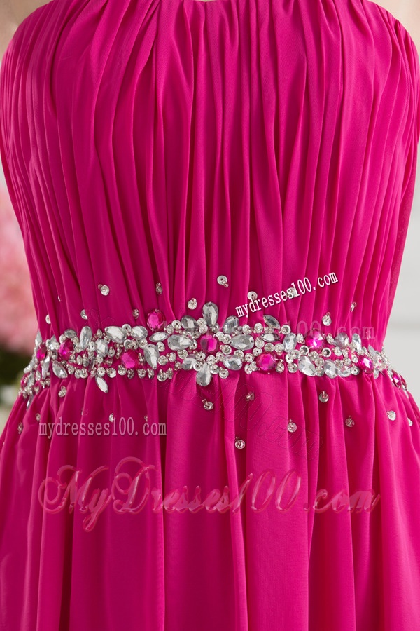 Hot Pink Empire Strapless Ruching Beading Brush Train Evening Dress