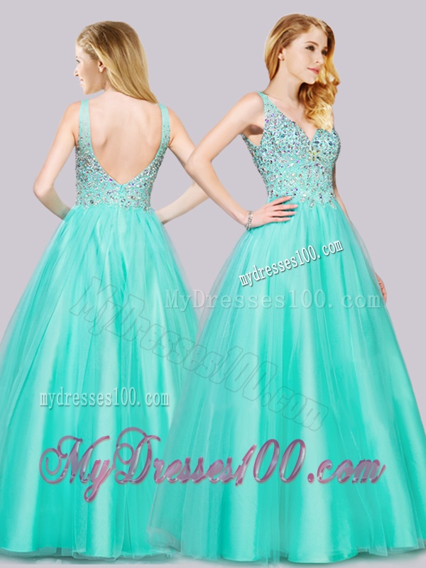 Hot Sale Beaded Bodice Turquoise Evening Dress with V Neck