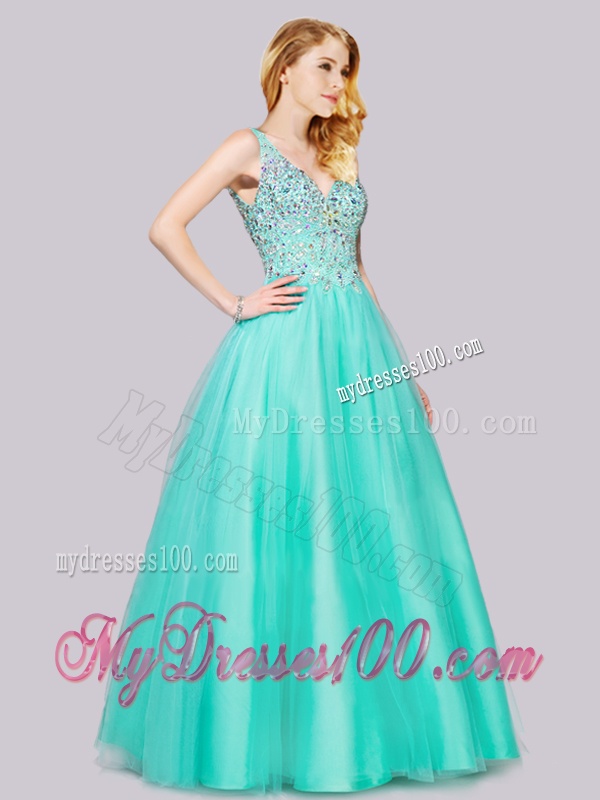Hot Sale Beaded Bodice Turquoise Evening Dress with V Neck