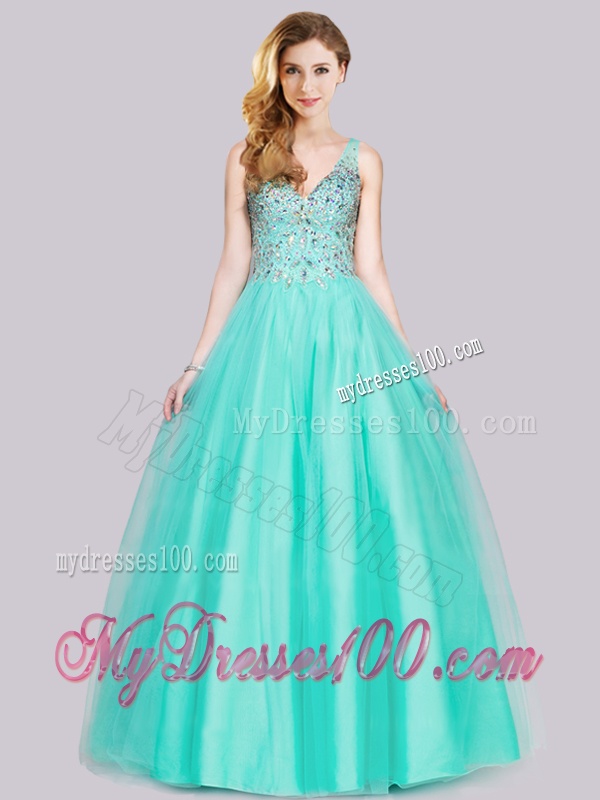Hot Sale Beaded Bodice Turquoise Evening Dress with V Neck